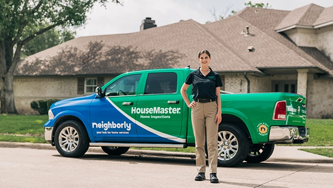 Technician standing in front of branded HouseMaster truck.