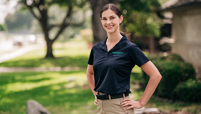 Woman smiling wearing a branded HouseMaster shirt.