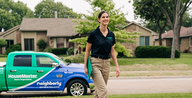 Smiling female HouseMaster inspector walking in front of branded truck.