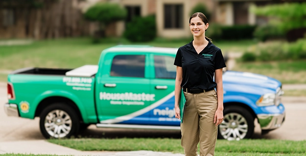 Smiling HouseMaster female inspector walking towards camera with branded pick-up truck in background.