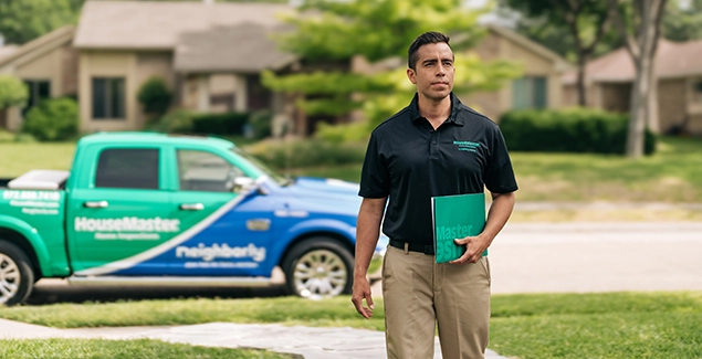 HouseMaster inspector walking with green folder in front of truck.