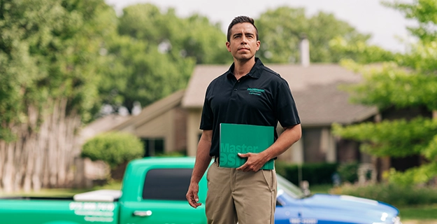 Male technician standing with branded HouseMaster truck in the background.