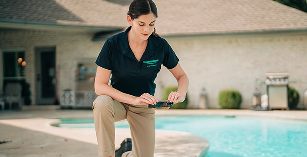 Technician kneeling near pool.