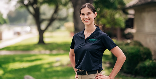 Woman smiling wearing a branded HouseMaster shirt.