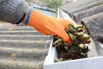 home inspector cleaning gutter.