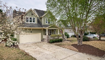 Two story green home with long driveway.